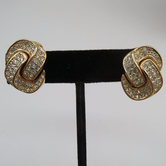 Christian Dior Vintage Crystal Pave Knot Gold Tone Clip On Earrings - Picture 3 of 14